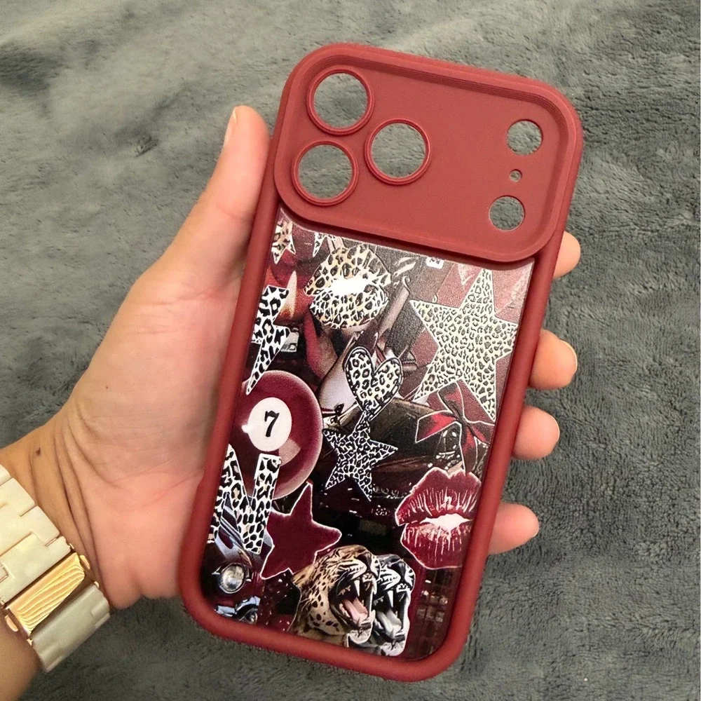 Unbranded Phone Case iPhone 17 Pro Max wine Red Leopard Tiger Collage Grunge